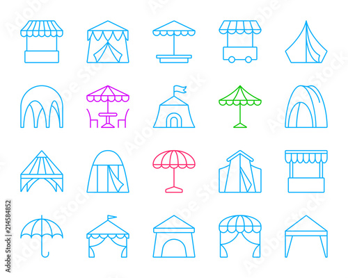 Tent simple color line icons vector set