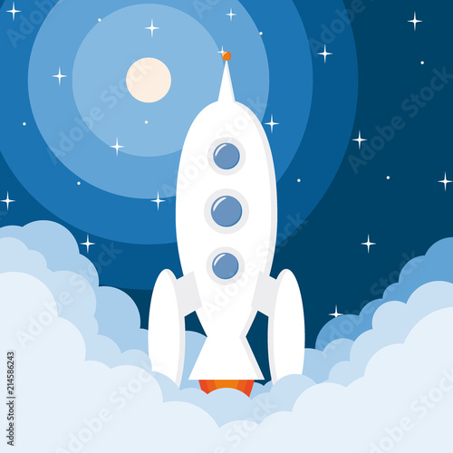 Spaceship launch rocket start-up. A spaceshuttle or rocket launch with clouds, sky and stars.