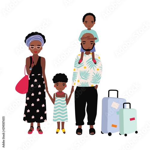 African American family on vacation. Mother, father and children traveling together. Man, woman and kids travelers with suitcases. Cartoon characters isolated on white background. Vector illustration.