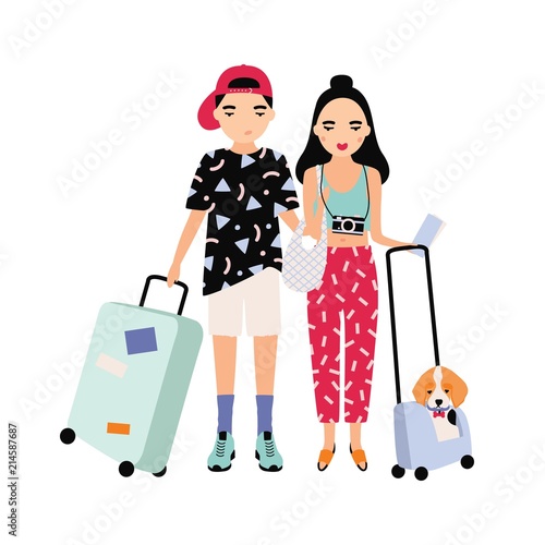 Young male and female tourists dressed in trendy clothing standing together and holding suitcases. Traveling romantic couple. Cartoon characters isolated on white background. Vector illustration.