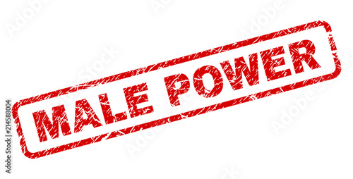 MALE POWER stamp seal imprint with grunge style. Red vector rubber print of MALE POWER text with grunge texture. Text tag is placed inside rounded rectangle frame.