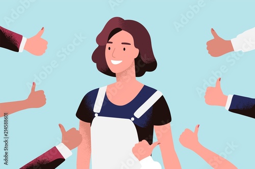 Cheerful young woman surrounded by hands with thumbs up. Concept of public approval, acknowledgment by audience, positive opinion, recognition. Colored vector illustration in flat cartoon style.