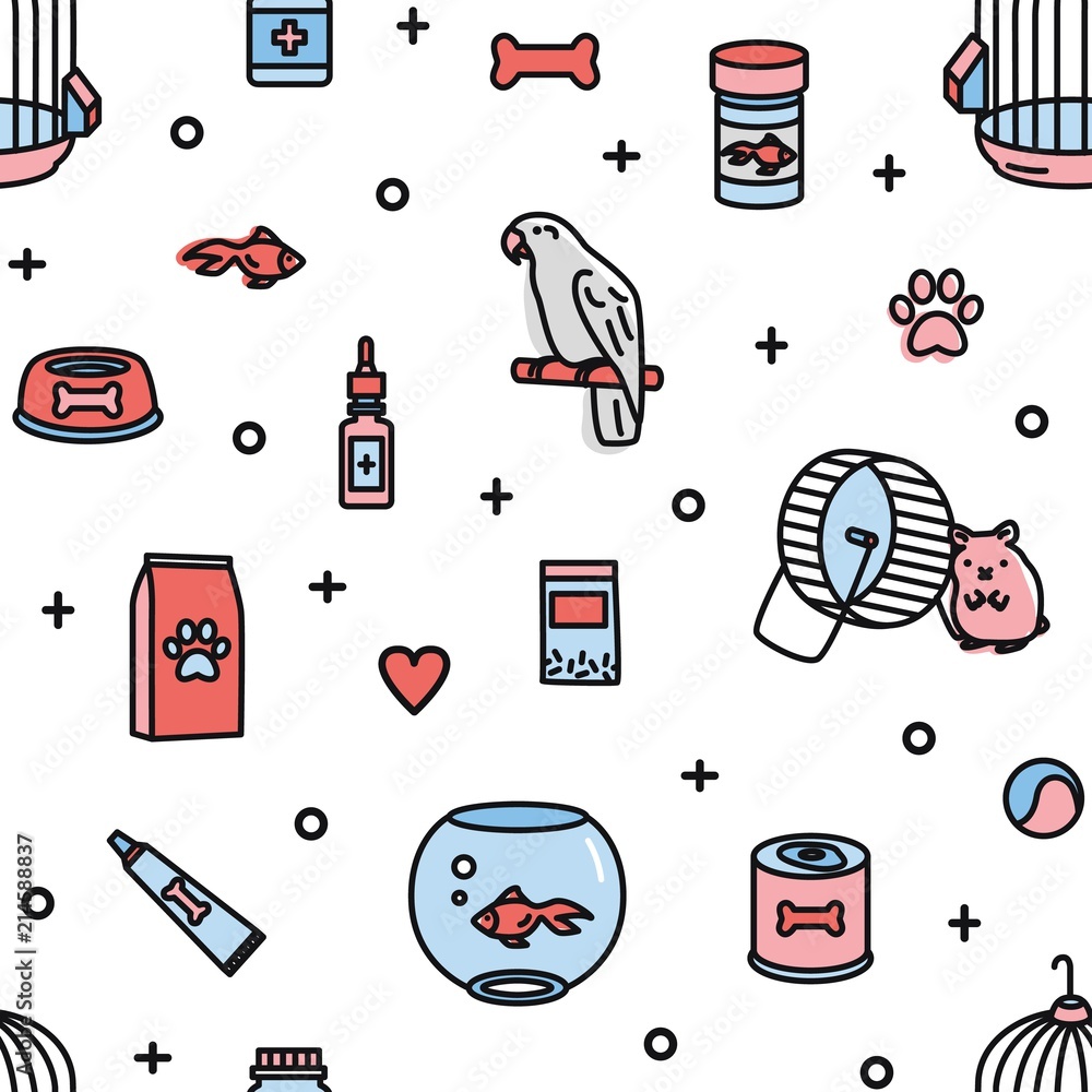 Seamless pattern with pet shop products and funny domestic animals on