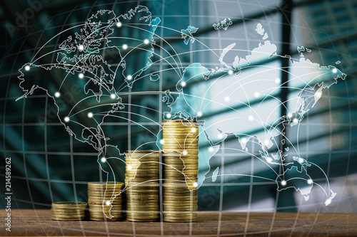 Step of coin stack on top world map, global network business banking concept idea, element by NASA.