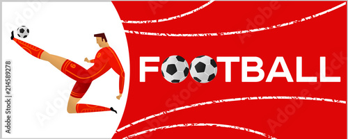 Banner with soccer player. Lettering Football with two ball. Football player in campionship. Fool color vector illustration in flat style isolated on white background. photo