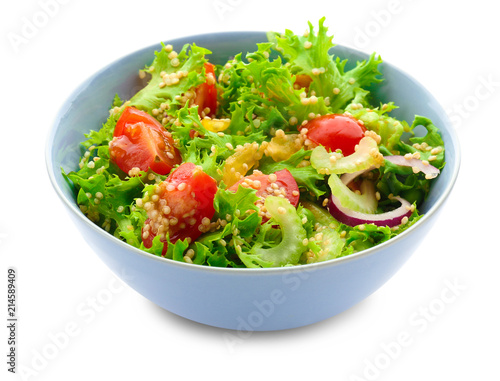 Bowl with quinoa salad on white background