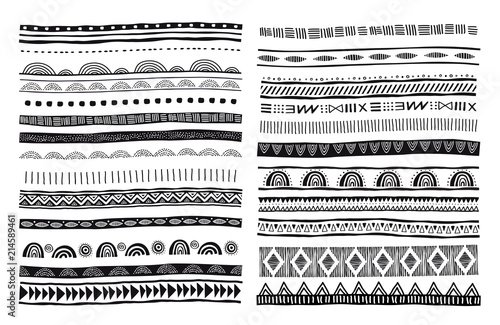 African, tribal, ethnic vector pattern brushes. Vector design elements, tribal geometric ornament, frames, borders