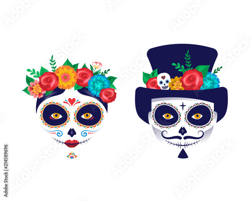 Dia de los muertos, Day of the dead, Mexican holiday, festival. Poster, banner and card with make up of sugar skull, woman and man