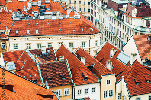 Houses with traditional red roof in Prague, Czech Republic