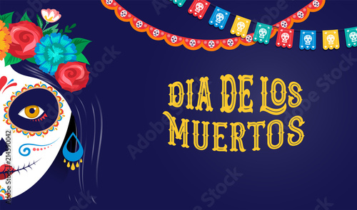 Dia de los muertos, Day of the dead, Mexican holiday, festival. Poster, banner and card with make up of sugar skull, woman and man