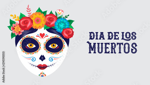 Dia de los muertos, Day of the dead, Mexican holiday, festival. Poster, banner and card with make up of sugar skull, woman and man