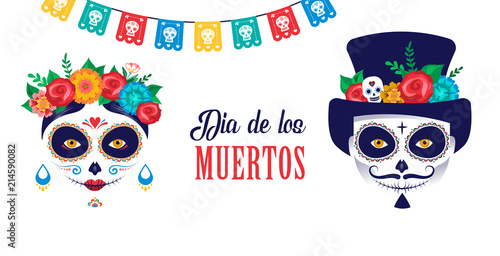 Dia de los muertos, Day of the dead, Mexican holiday, festival. Poster, banner and card with make up of sugar skull, woman and man