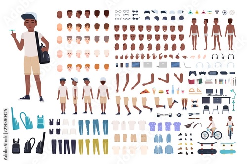 African American boy constructor or DIY kit. Collection of child or teen body parts, facial expressions, clothing isolated on white background. Colorful vector illustration in flat cartoon style.