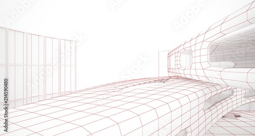 Abstract drawing white interior multilevel public space with window. 3D illustration and rendering.