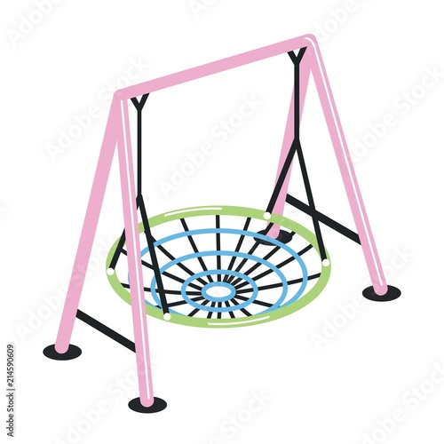 Swing with suspended round net seat isolated on white background. Outdoor playground device or tool for kid's play activity and amusement. Colorful vector illustration in flat cartoon style.