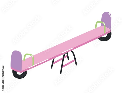 Seesaw or teeter-totter with handles isolated on white background. Outdoor device or attraction for children's play activity and entertainment. Colorful vector illustration in flat cartoon style.