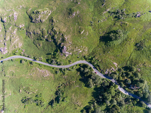 Aerial view of Winding road through the scenic Ring of kerry landscape in the Republic of Ireland