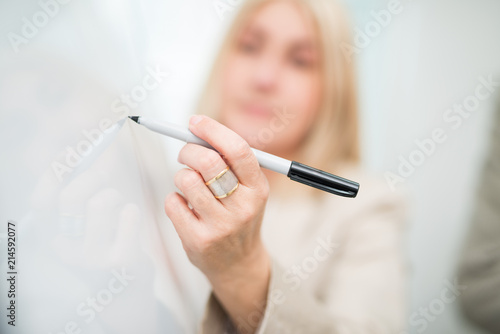Business woman writing on a whiteboard in her office