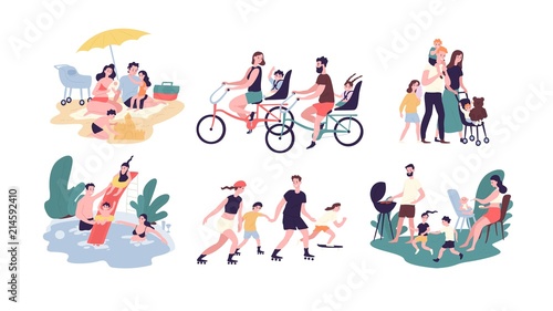Collection of family outdoor recreational activities. Mother, father and children sunbathing, riding bikes, walking, swimming, roller skating, preparing barbecue together. Cartoon vector illustration.