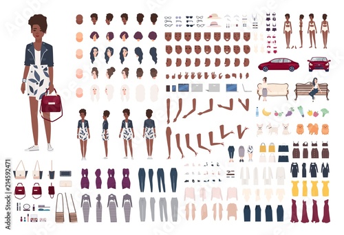 Stylish African American woman constructor. Trendy girl creation set. Various postures, hairstyle, face, legs, hands, clothes, accessories. Front, side, back views. Flat cartoon vector illustration.