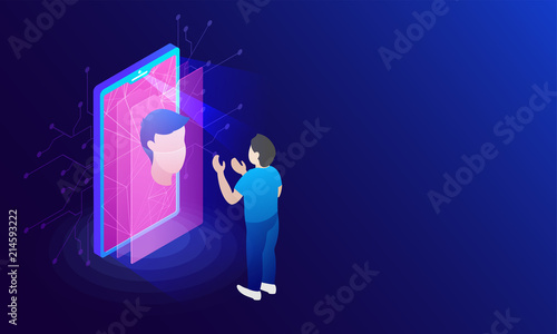 Fingerprint scan, biometric identity and approval. Future of security and password control through fingerprints in an immersive technology future and cybernetic, business isometric style. 