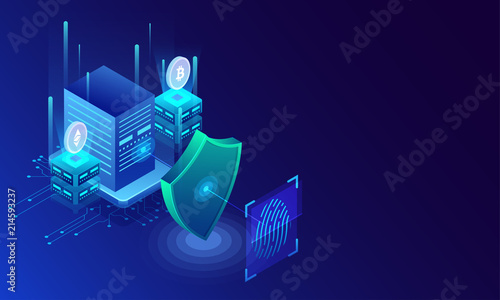 Fingerprint scan, biometric identity and approval. Future of security and password control through fingerprints in an immersive technology future and cybernetic, business isometric style. 