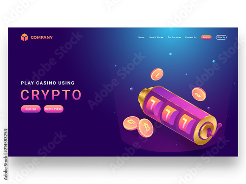 Responsive landing page design with isometric slot machine and crypto coins. photo