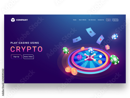 Responsive landing page design with isometric slot machine and crypto coins.