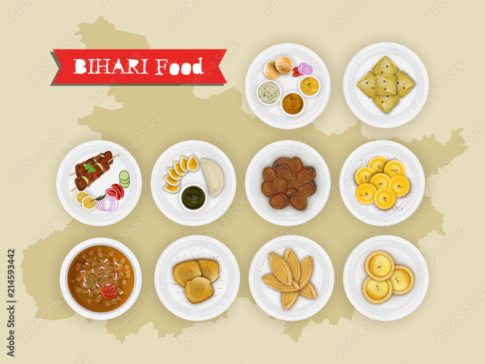 Bihari food set with state map and top view illustration of traditional dishes.