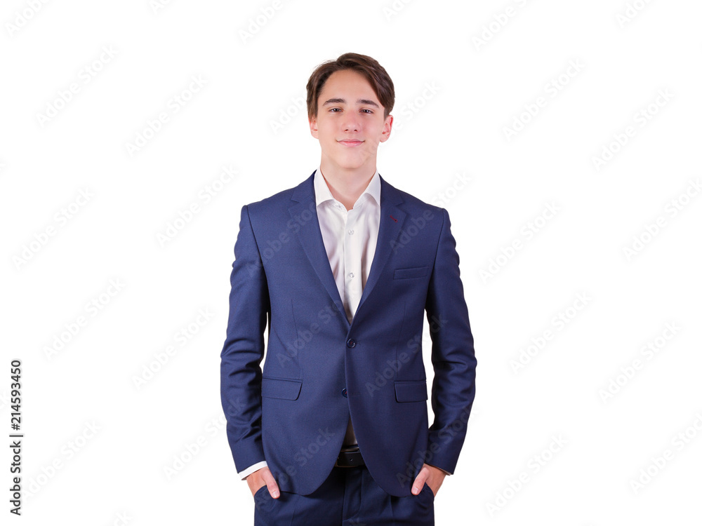 Studio portrait of teenage college student in suit. Portrait of elegant young man in suit, isolated on white background Studio portrait of teenage college student in suit. Portrait of elegant young man in suit, isolated on white background