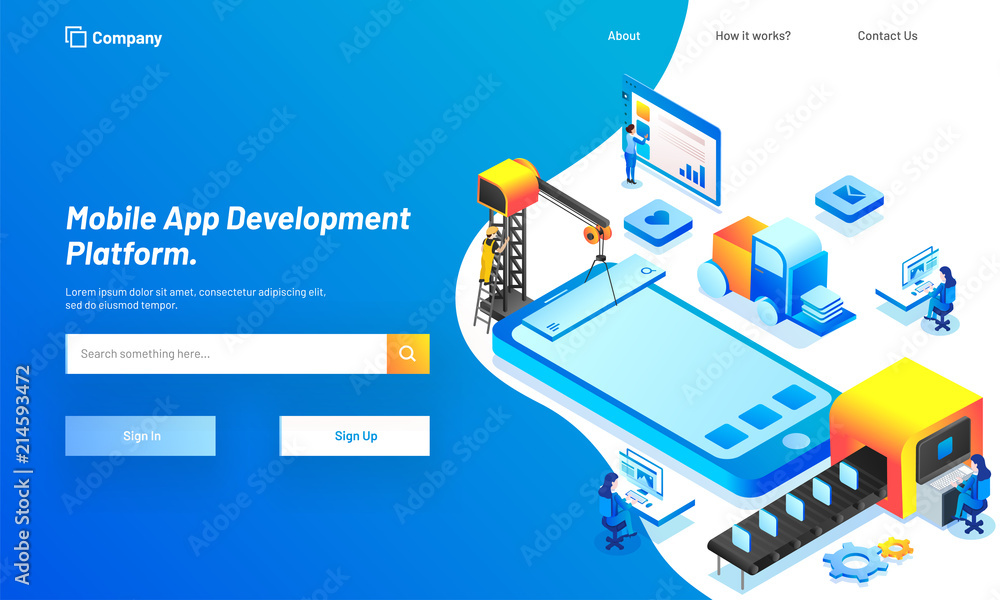 Responsive web template design with isometric view of working people, download or develop application in smartphone for Mobile App Development concept. Responsive web template design with isometric view of working people, download or develop application in smartphone for Mobile App Development concept.