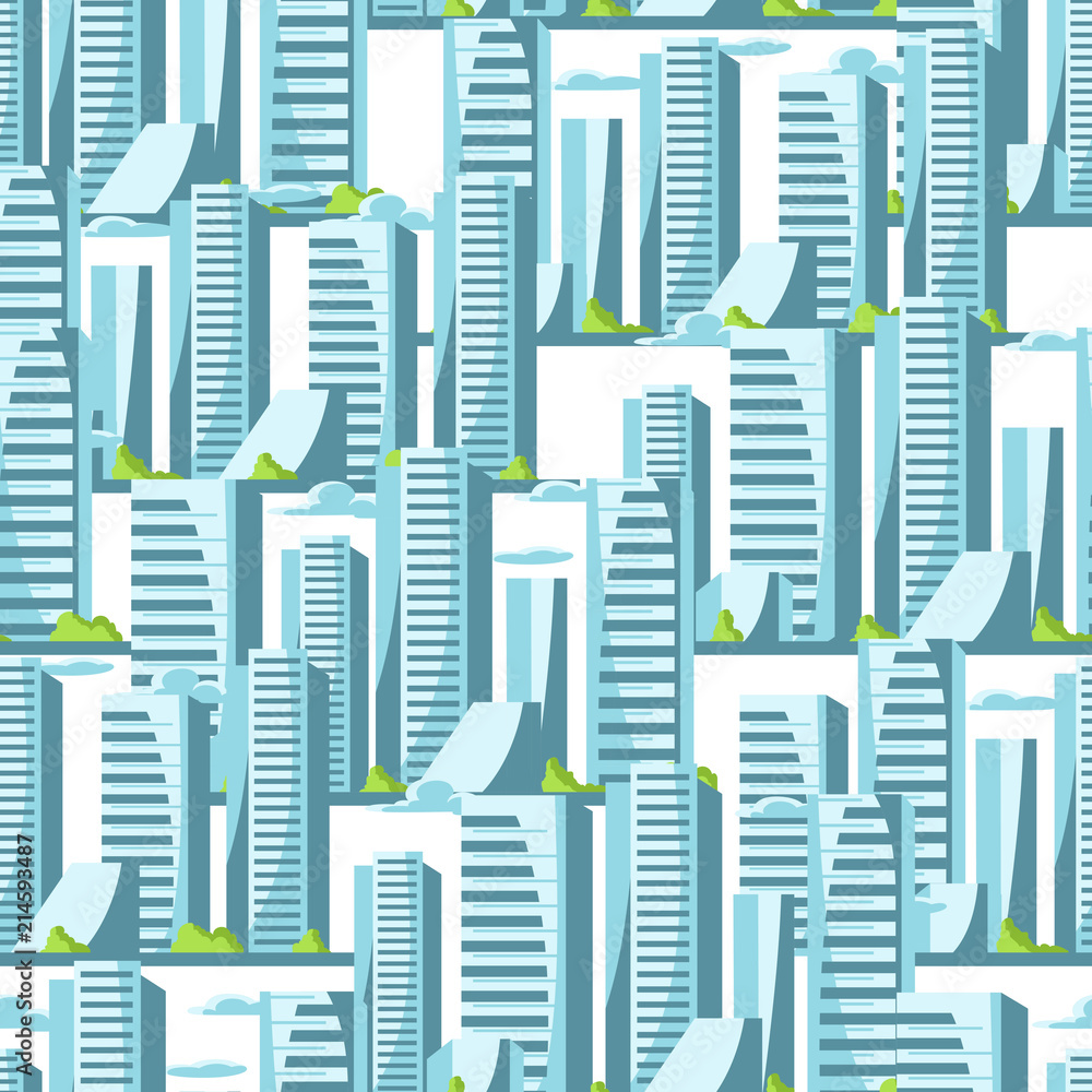 City skyscrapers seamless pattern in blue colors.