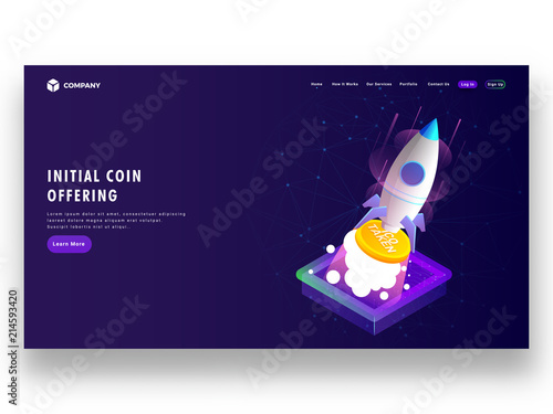 Initial Coin Offering (ICO) startup concept based landing page design with isometric illustration of rocket, launching Ico token.