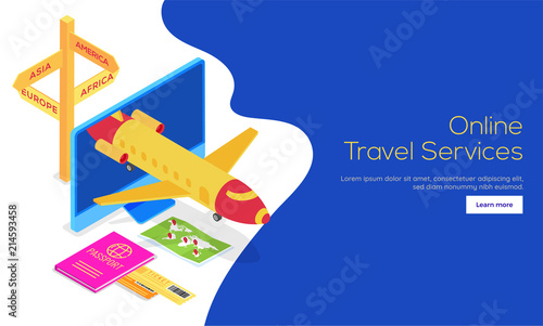 Isometric view of aeroplane on desktop screen with illustration of sign board with four continent names. Landing page design for Online Travel Services.