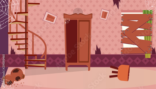 Haunted room interior design with illustration of broken furniture.