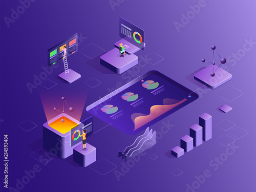 Isometric design with working people or analysts, analysis company growth and success with the help of infochart, pie and bar graph for Data Analysis concept.