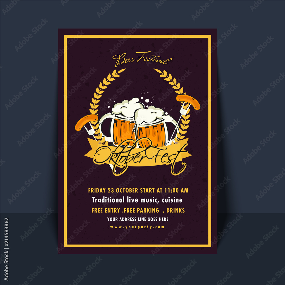 Oktoberfest header or banner design with beer mugs, bottle and sausage, fork, pretzel, hops, wheat grain in plate with checkered napkin on wooden table.