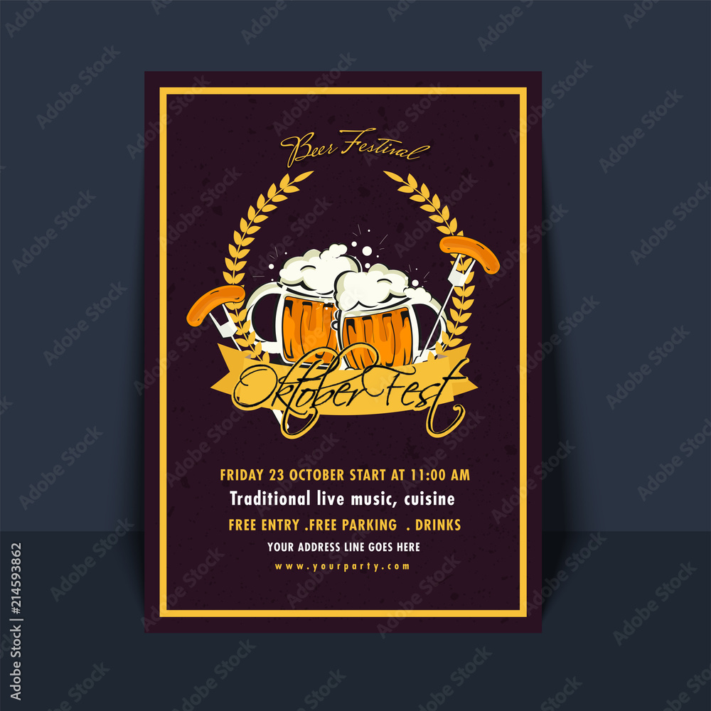 Oktoberfest header or banner design with beer mugs, bottle and sausage, fork, pretzel, hops, wheat grain in plate with checkered napkin on wooden table. Oktoberfest header or banner design with beer mugs, bottle and sausage, fork, pretzel, hops, wheat grain in plate with checkered napkin on wooden table.