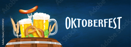 Oktoberfest header or banner design, illustration of beer mugs, forks, pretzels, sausages, hops and wheat grains on beer barrel with shiny blue texture background. photo