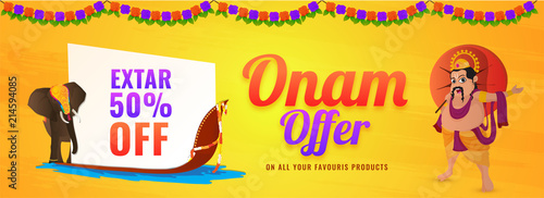 Flat Upto 65% discount offer for Onam festival Sale banner or poster design with corner decorated floral designs on yellow background.