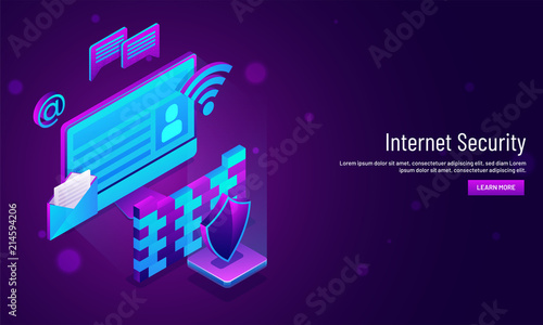 Internet Security concept based, isometric illustration of mail envelope with firewall and security shield. Responsive landing page design for website or mobile app.