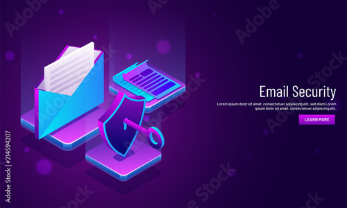 Internet Security concept based, isometric illustration of mail envelope with firewall and security shield. Responsive landing page design for website or mobile app.
