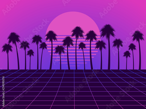 Retro futuristic landscape with palm trees. Neon sunset in the style of 80s. Synthwave retro background. Retrowave. Vector illustration