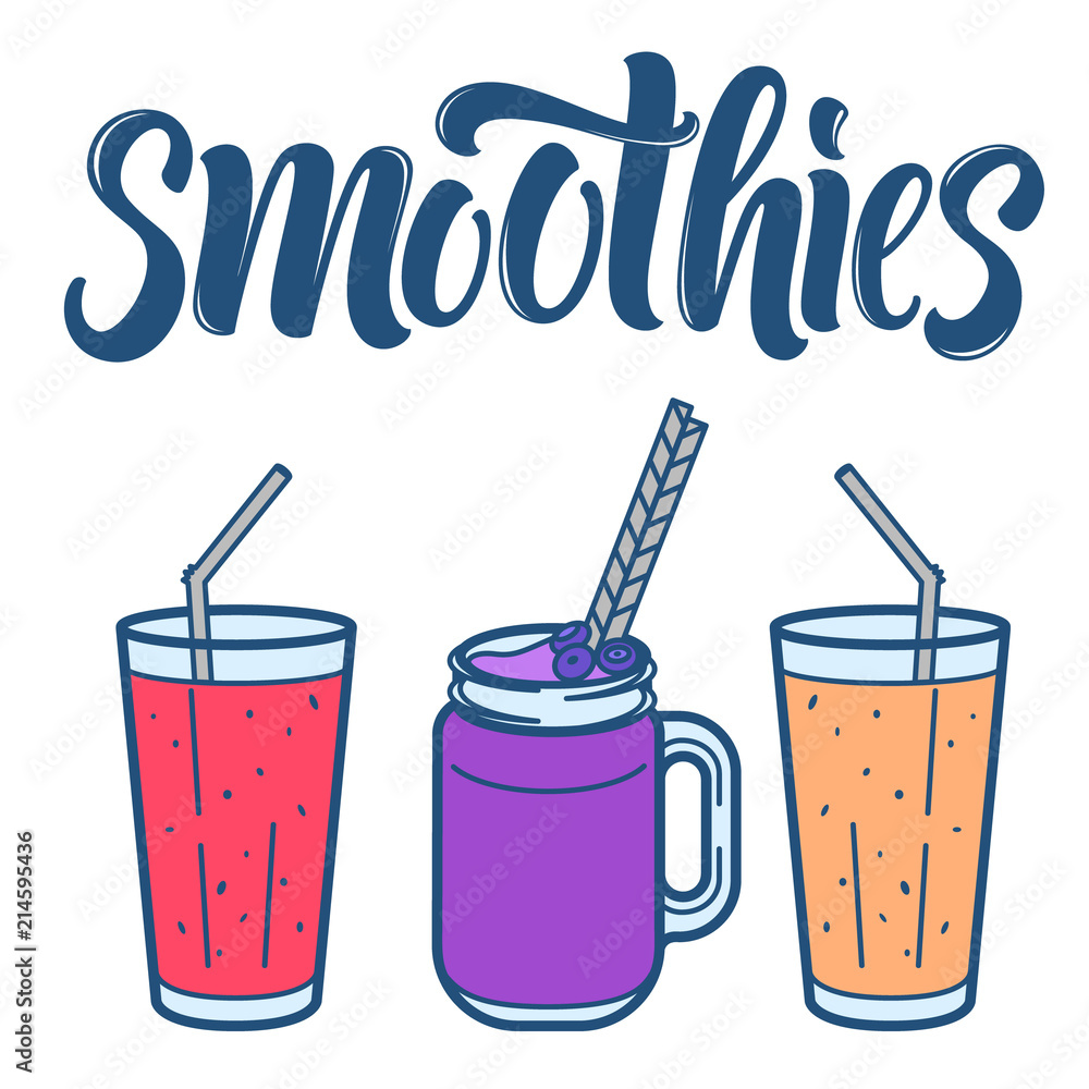 Smoothie line art icons collection with lettering for drinks menu designs.
