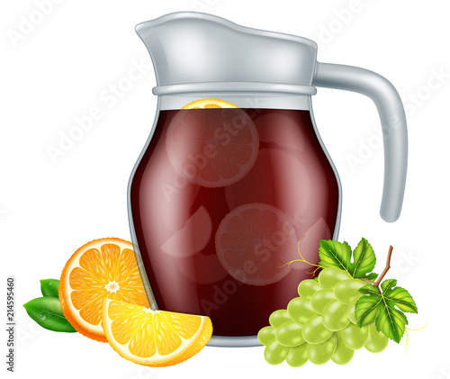Jar of red sangria with fruits. Vector illustration.