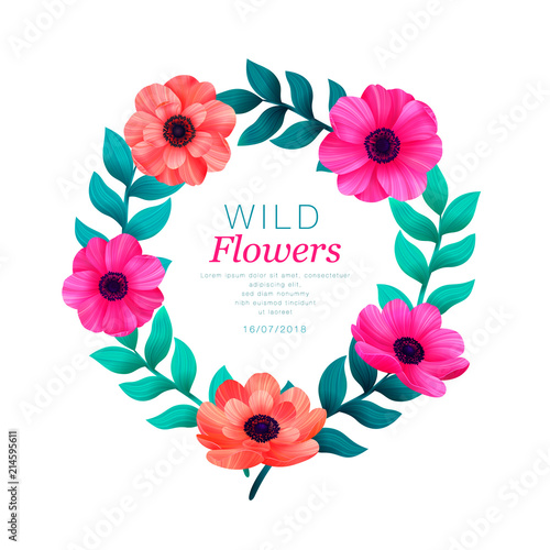 Floral circle frame. Tropical flowers trendy template. Design with beautiful ...