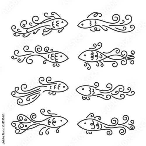 Vector set of outline silhouettes of fish