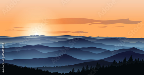 Beautiful mountains landscape in the foggy morning. Vector illustration. Layered trees and hills. Outdoor background.