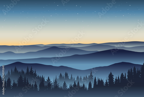Beautiful mountains landscape in the foggy morning. Vector illustration. Layered trees and hills. Outdoor background.