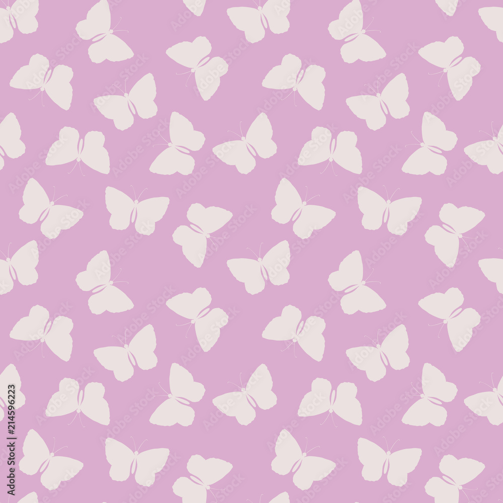 Seamless pattern with blue watercolor butterfly silhouettes on pink background.